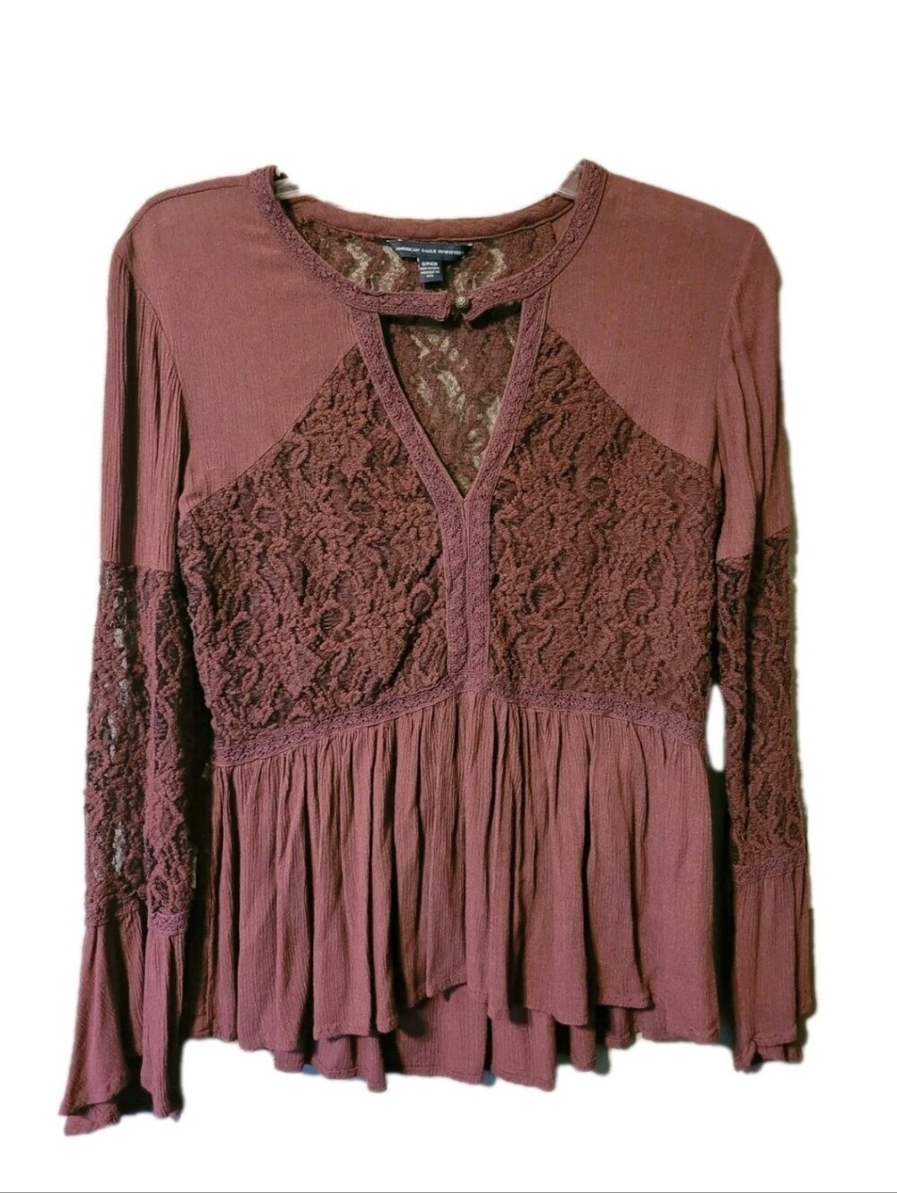 American Eagle Outfitters Burgandy Baby Doll Lace Panel Bell Sleeve Gauze Small